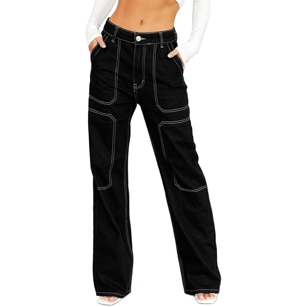Women's Cargo Jeans Cotton Mid Rise Wide Leg Casual Pants Versatile